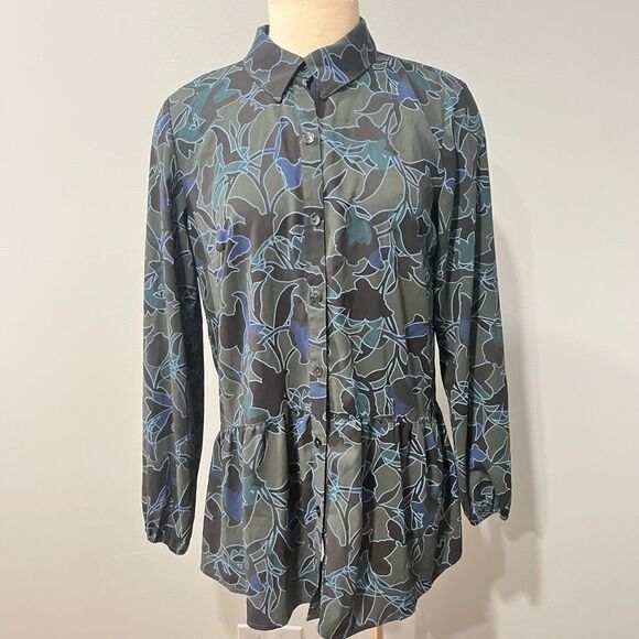 LOGO by Lori Goldstein Stretch Woven Button Front Blouse Green Stencil Small - Picture 3 of 9